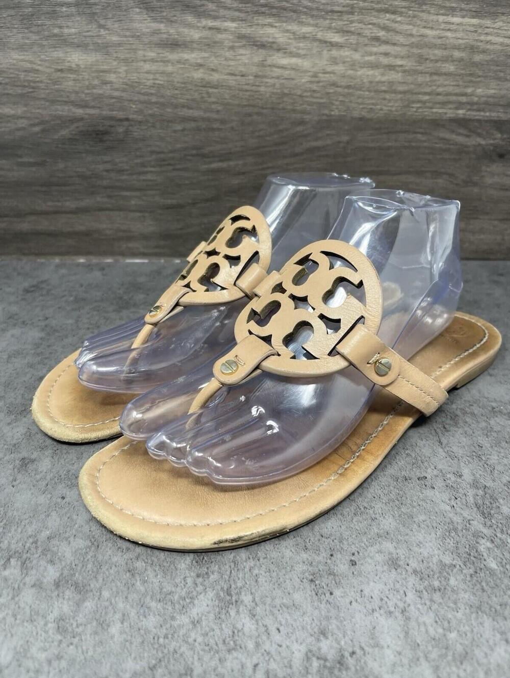 Tory Burch Miller Sandals Womens Size 10 Brown Leather Logo Thong Flip Flop - Picture 2 of 9